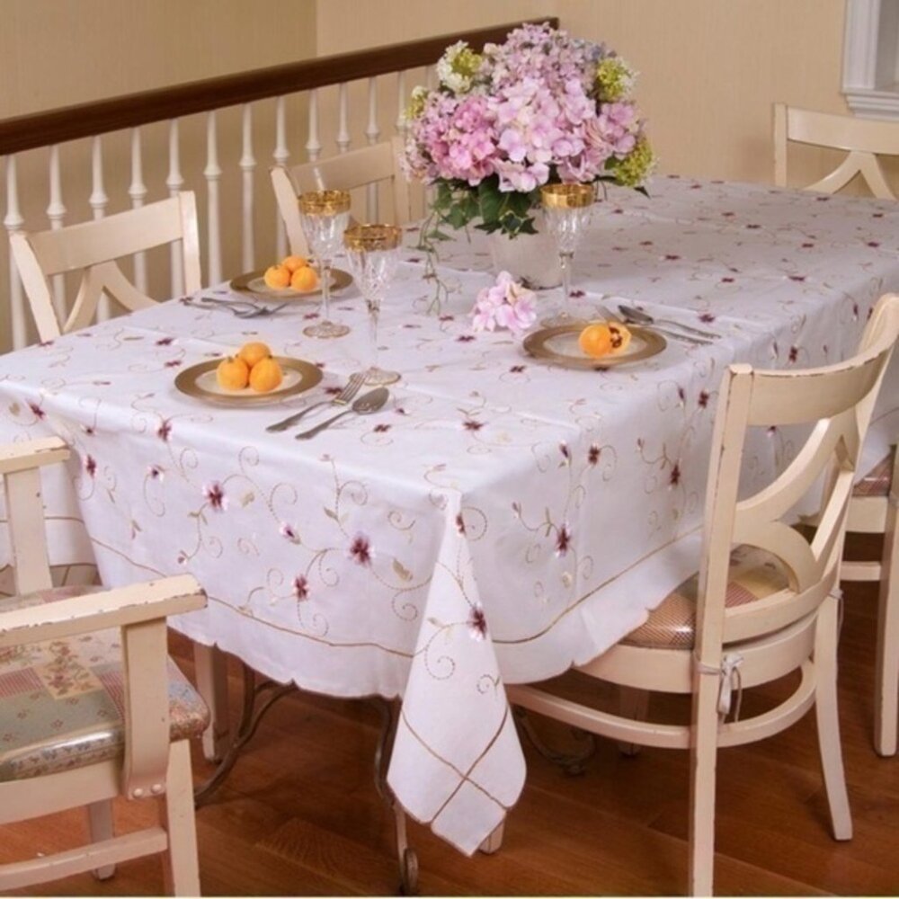 70” x 88” Ivory Floral Embroidery Tablecloth NEW